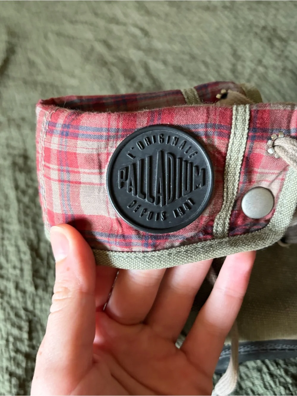 Palladium Red Plaid High-Top with Olive Trim